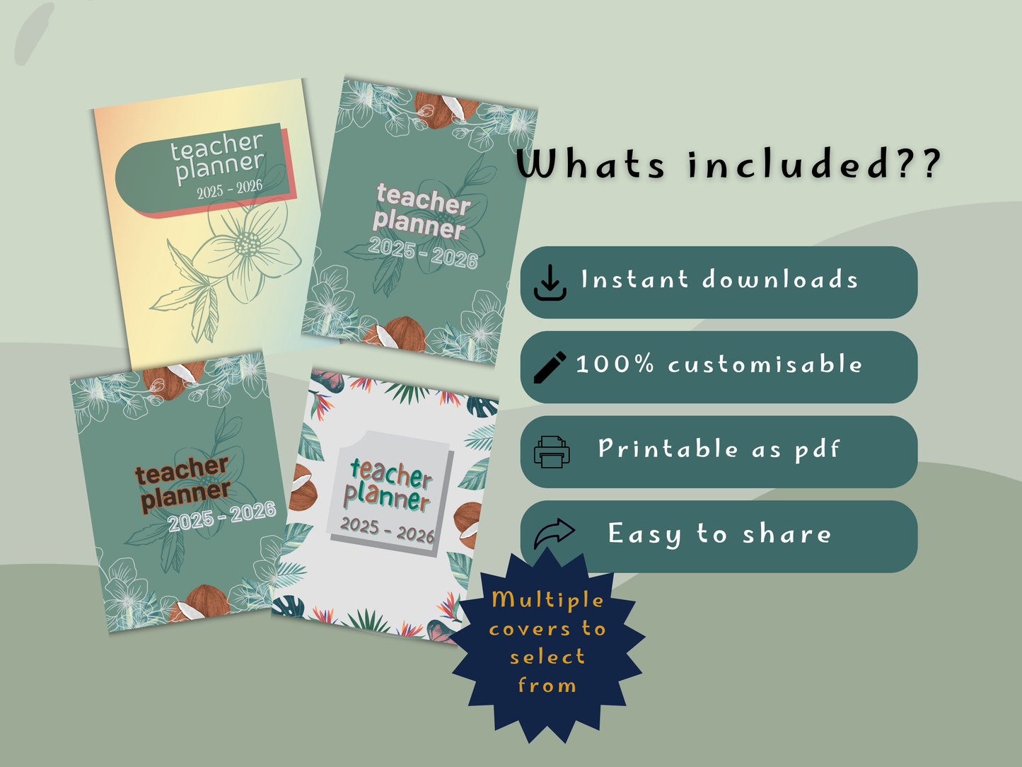 Teacher planners with various cover designs on a light gray background, featuring text about planner features.