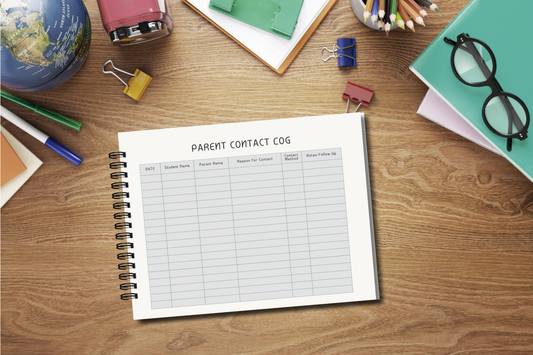 Parent Contact log on table with a globe, reading glasses and stationary items 