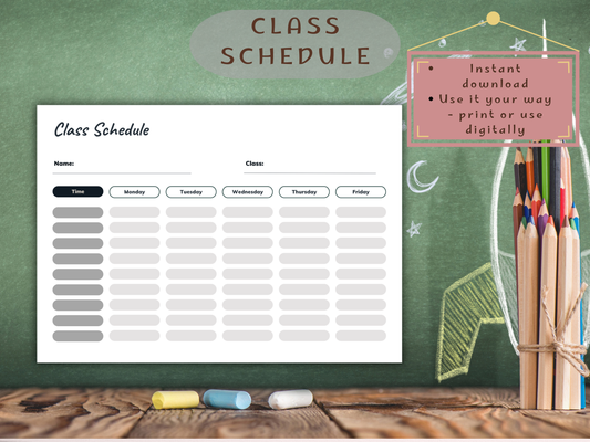 Class schedule template with stationery on a green chalkboard background