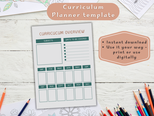 Curriculum planner template on a wooden surface with colorful pencils.
