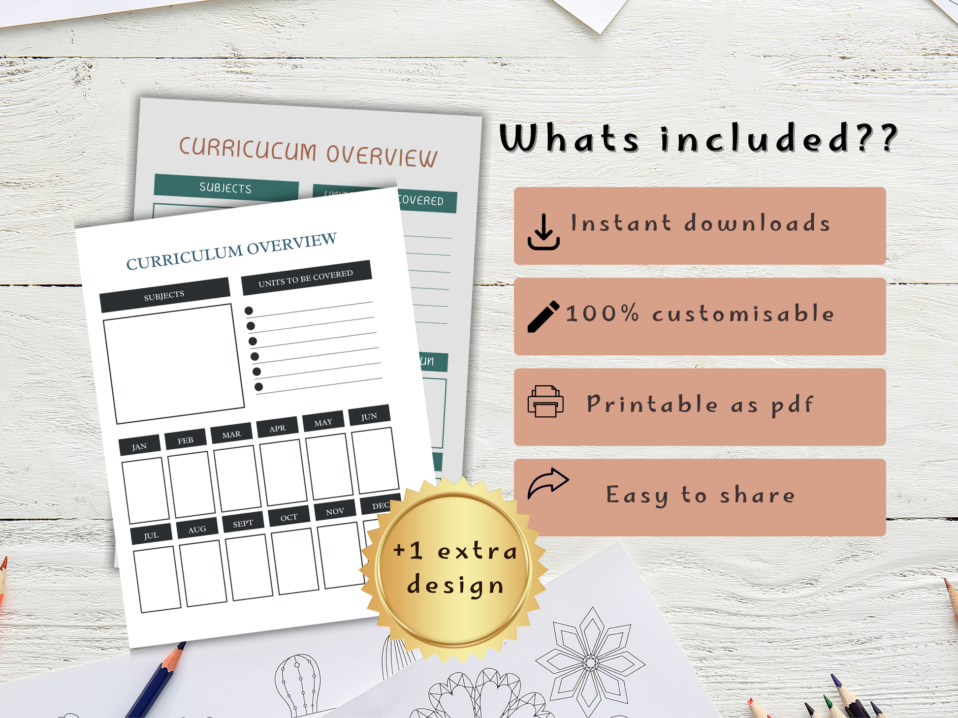Curriculum overview sheets with features text on a white surface