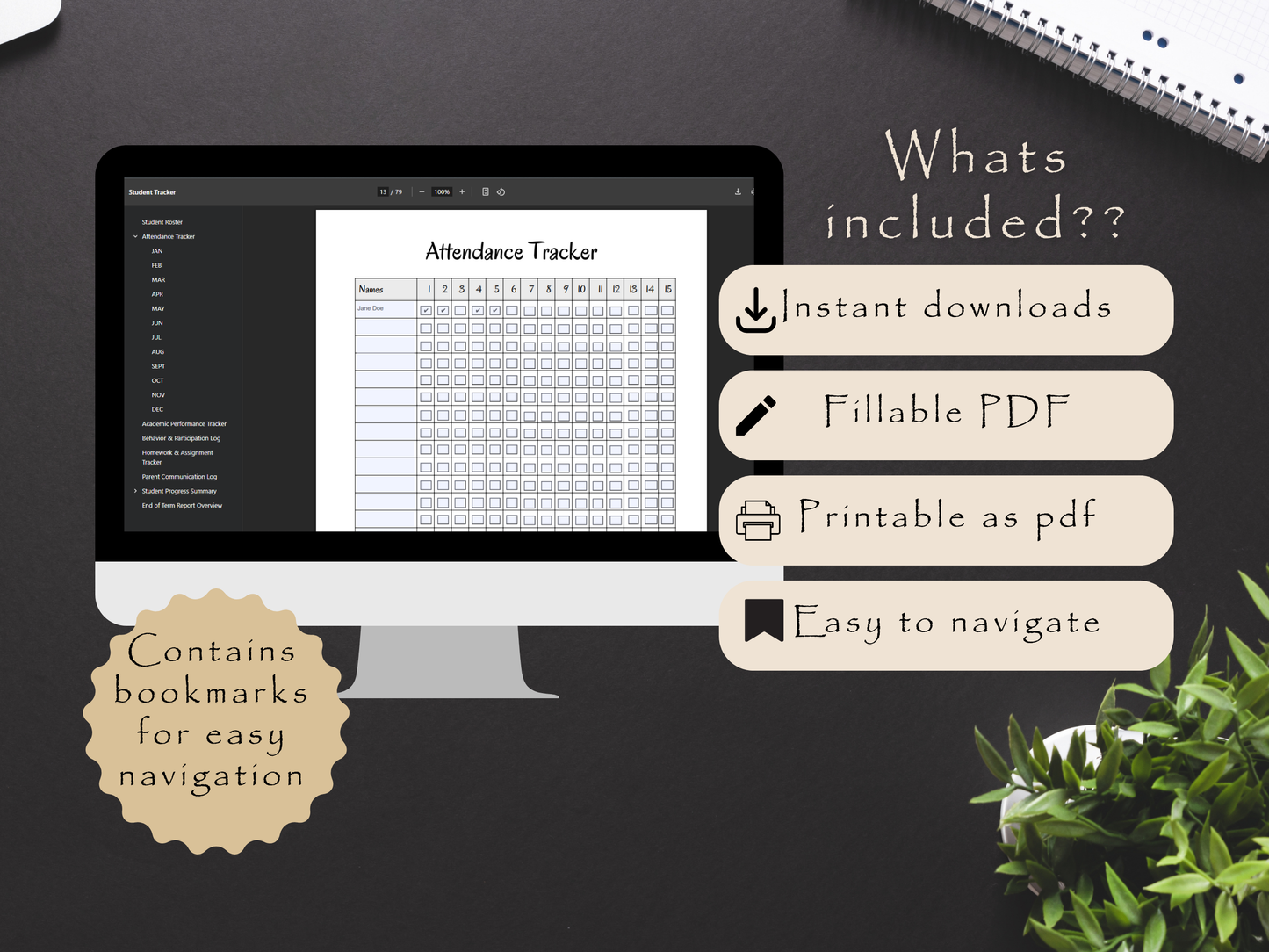 Computer screen displaying an attendance tracker with text about included features on a black background.