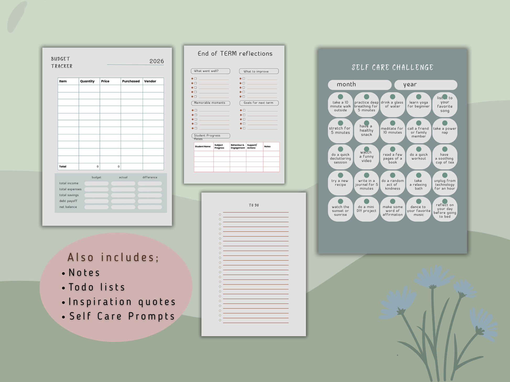 Bonus pages of the digital teacher planner including  term reflection, student tracker, notes and self care challenge pages