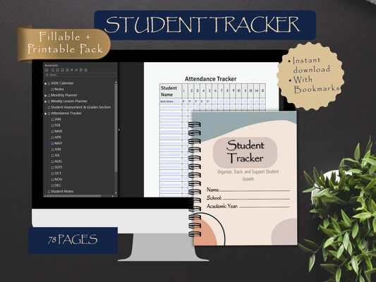Student tracker with computer screen displaying features and a plant on a dark background