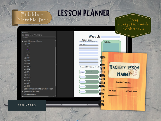 Teacher's lesson planner with digital and printed versions on a gray background