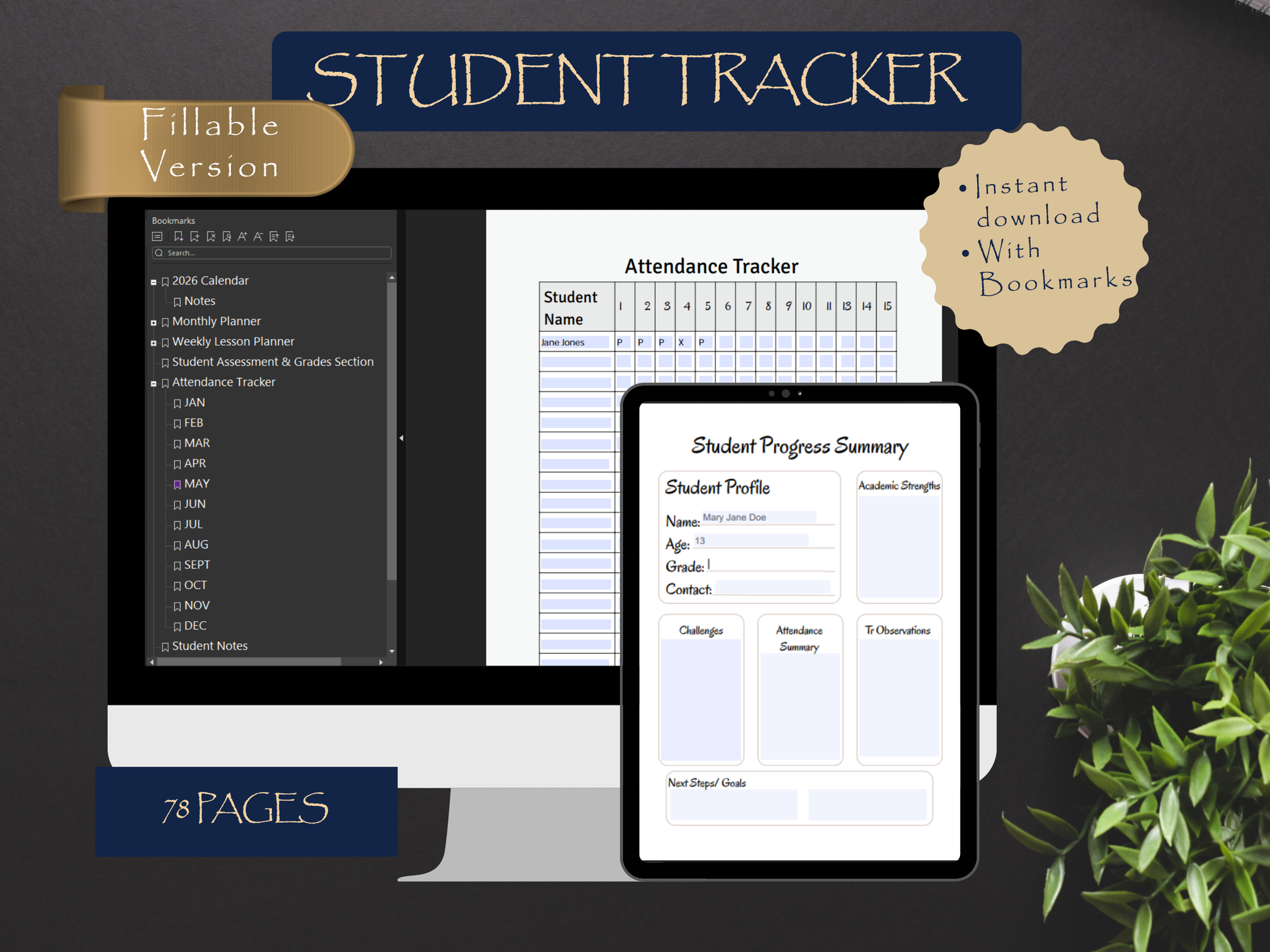 Student tracker software with computer and tablet displaying features on a dark background.