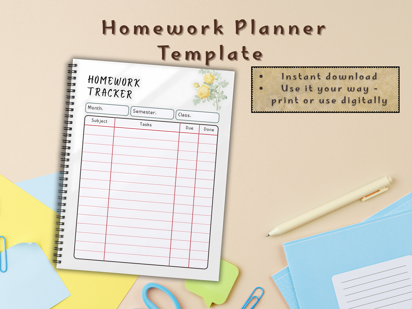 Homework tracker template on a beige background with stationery items.