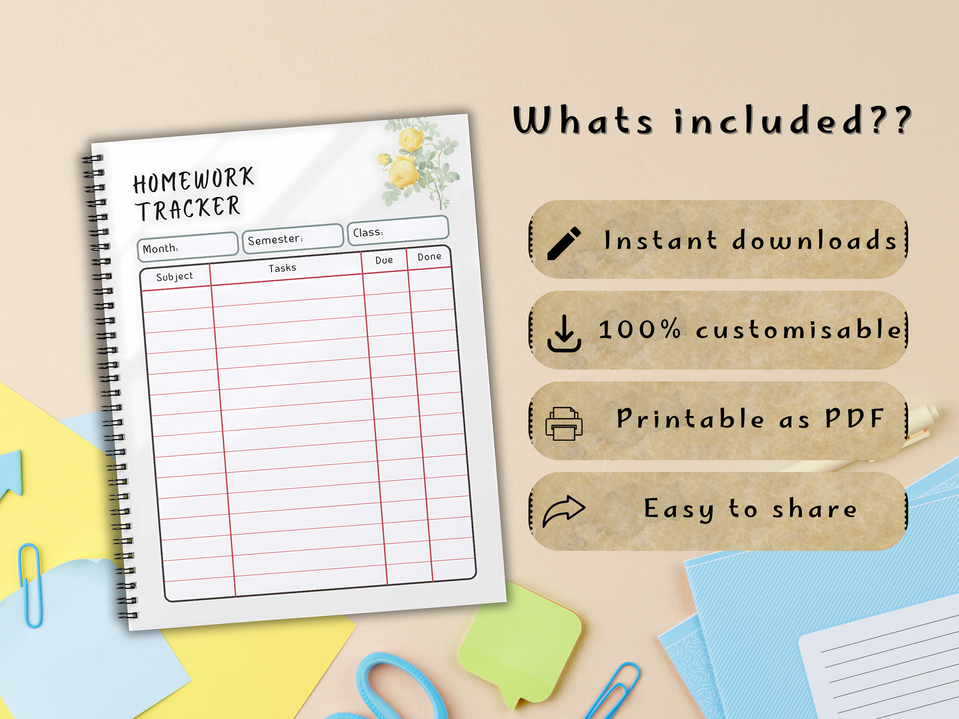 Homework tracker template and features text on a beige background with stationery items.
