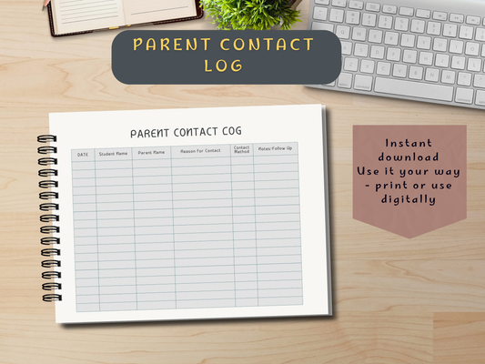 Parent Contact Log Booklet on table background