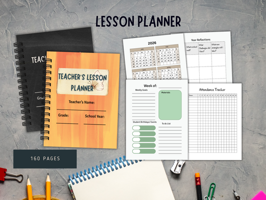 Teacher's lesson planner with various pages on a gray surface