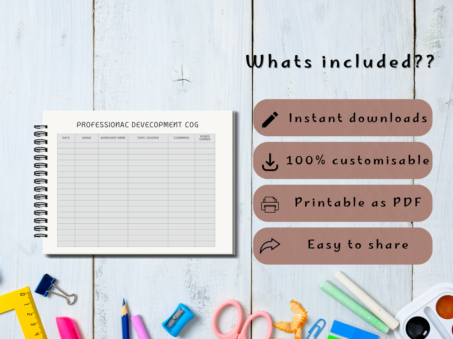 Notebook with a development log page on a wooden surface with stationery items and text about product features.