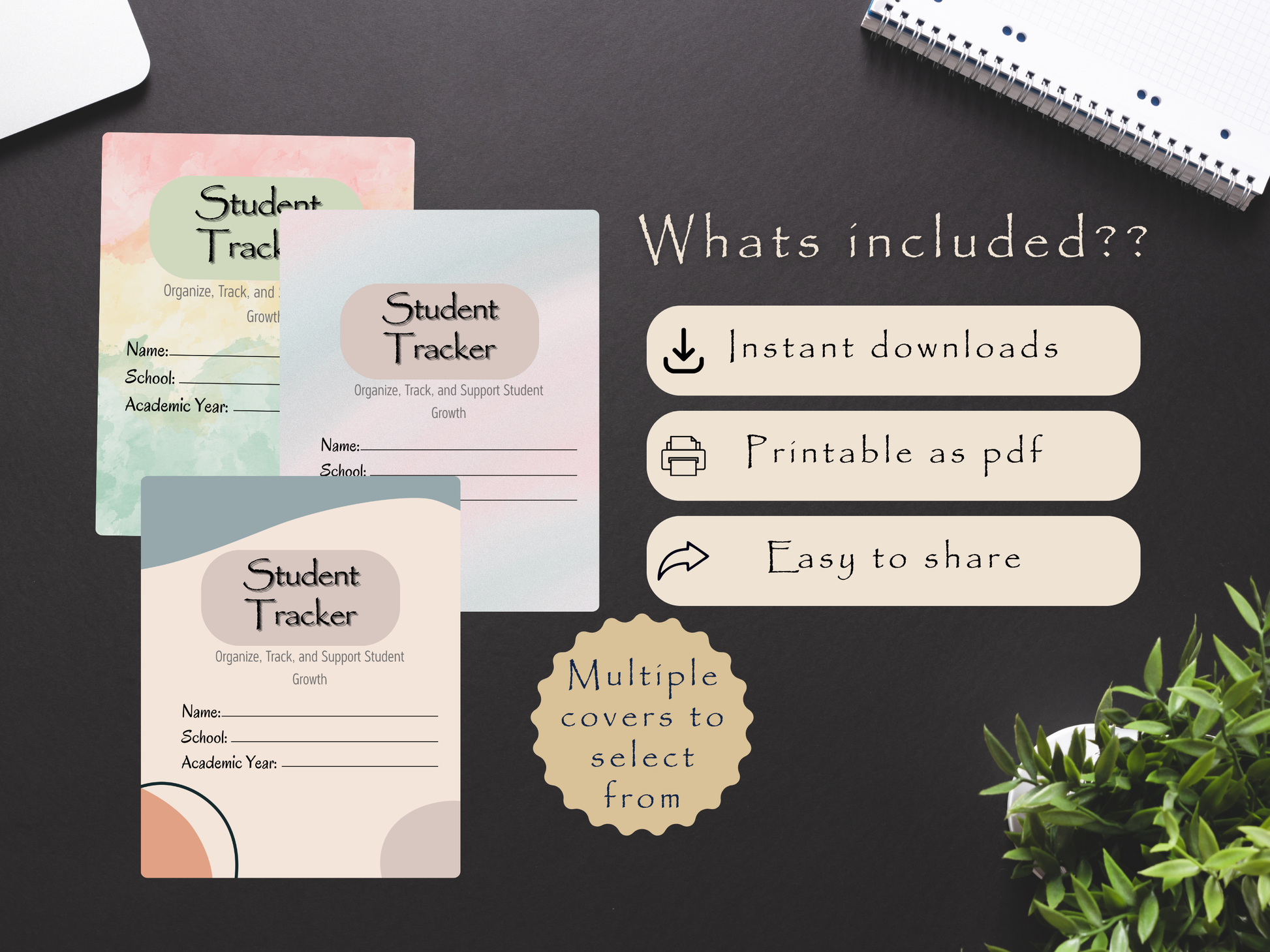 Student tracker templates with instant downloads, printable as PDF, and easy sharing on a black background.