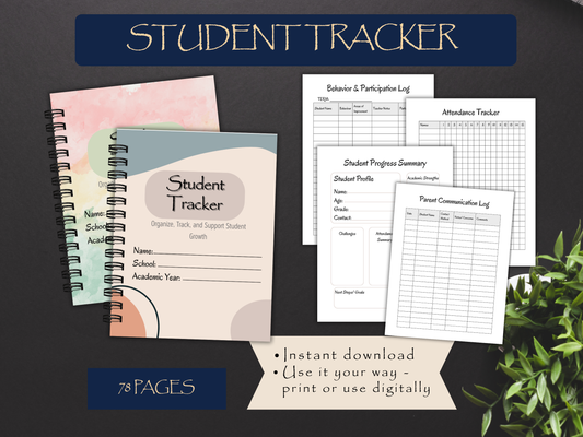 Student tracker notebook with printed pages on a dark background