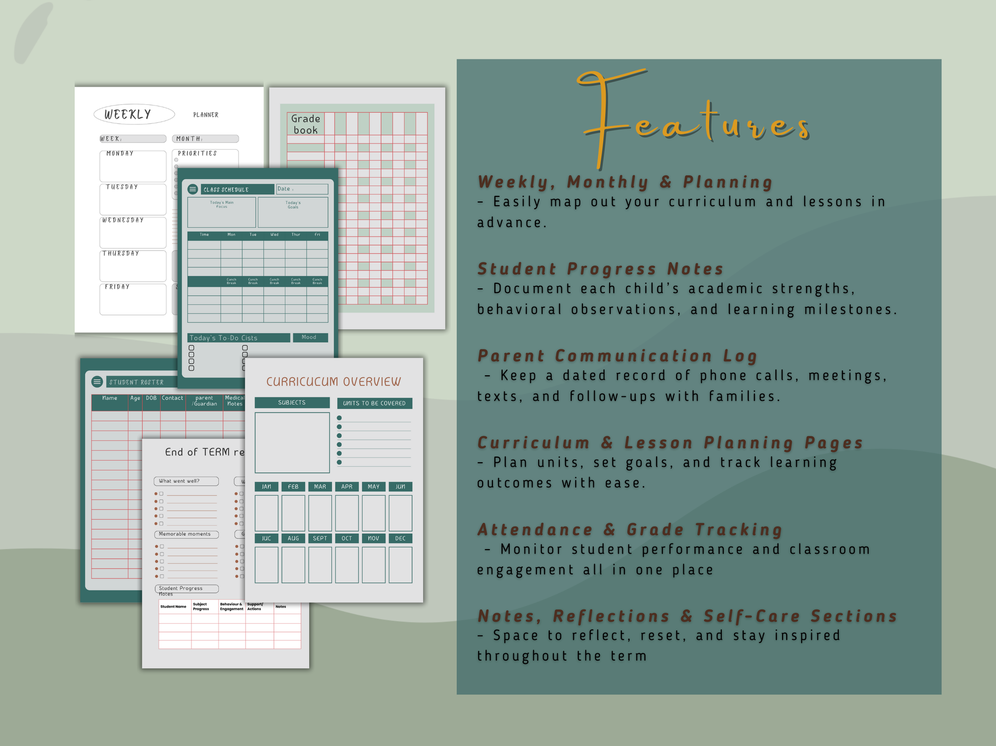 Collection of educational planning sheets of teacher's binder with features highlighted on a green background