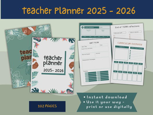 Teacher planner briefly showing contents of teacher planner and example pages 