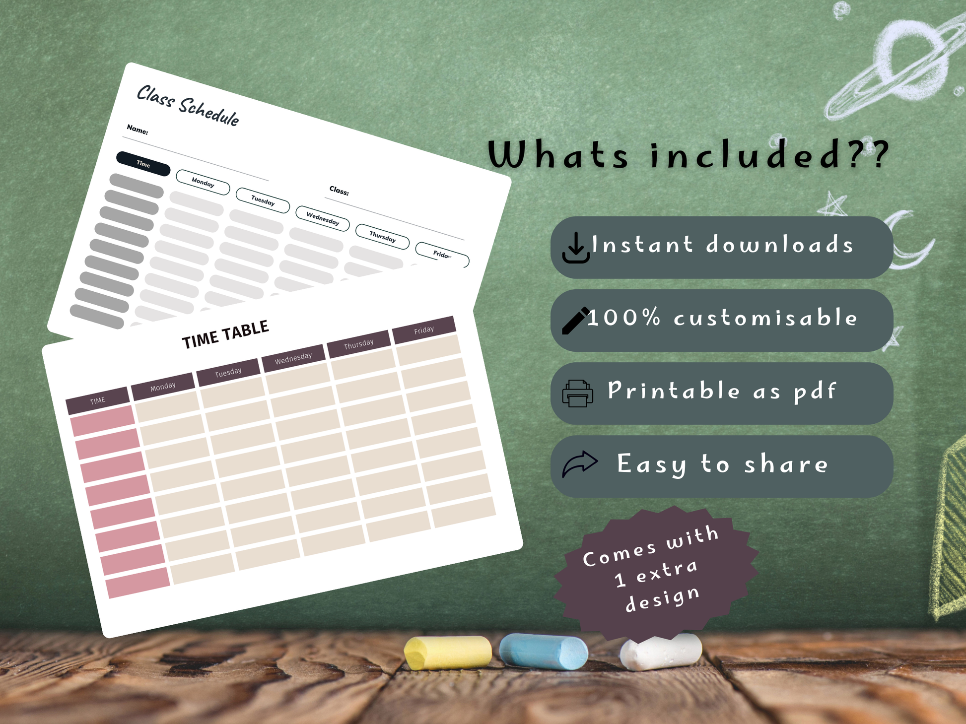 Time table for homeschoolers on a wooden surface with text about included features.