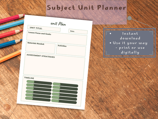 Subject unit planner sheet on a wooden surface with colorful pencils.