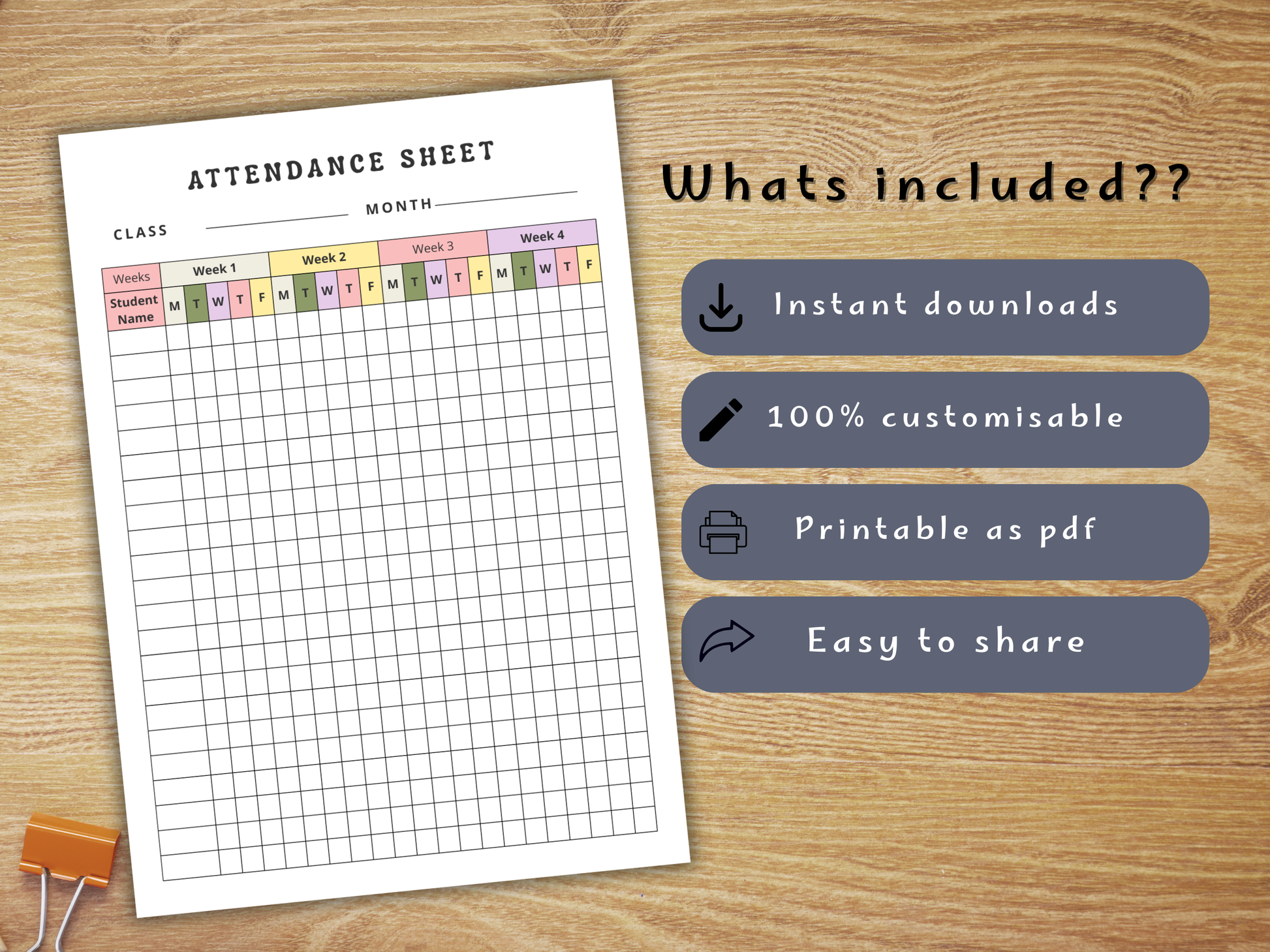 Attendance sheet for homeschoolers with features listed on a wooden background