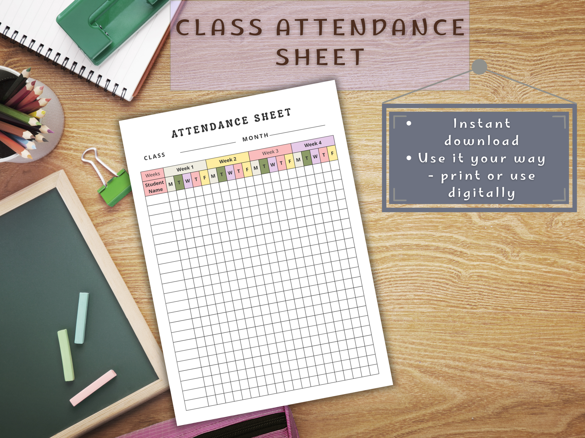 Class attendance sheet on a wooden desk with stationery items