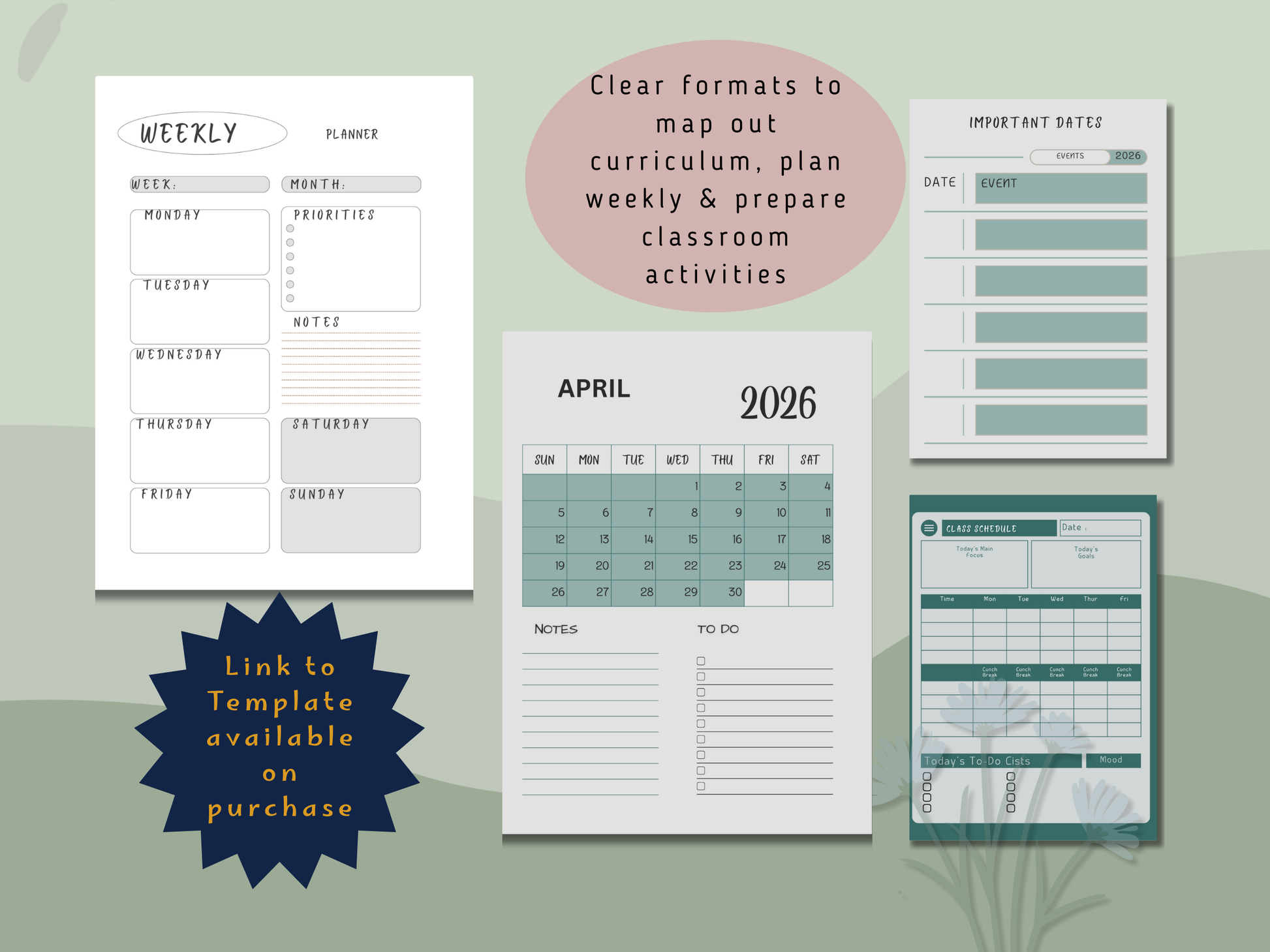 Set of educational planners and calendars on a gray background including weekly, monthly planners, timetable and important dates pages