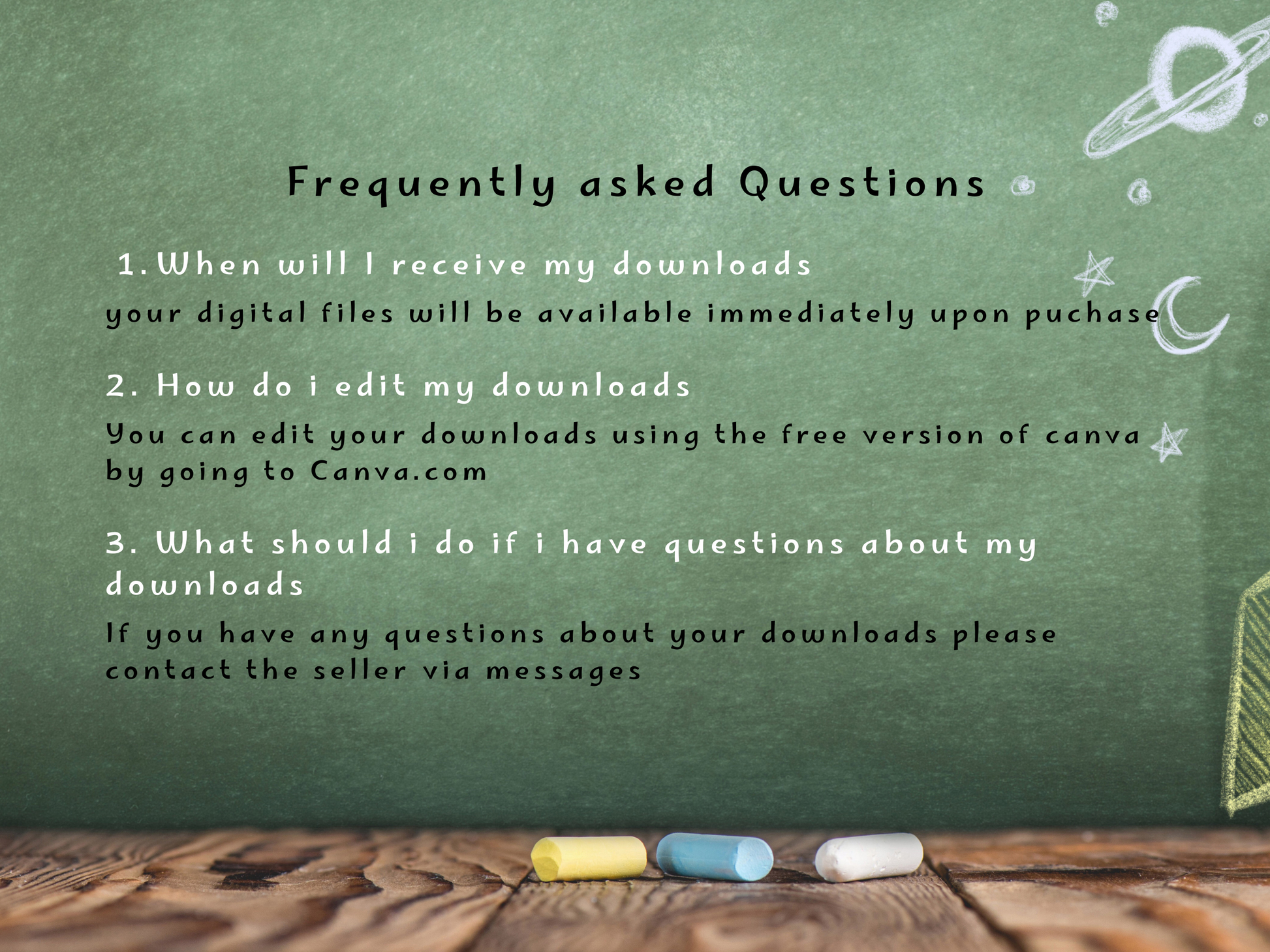 FAQ card on a wooden surface with text about digital file availability and editing.