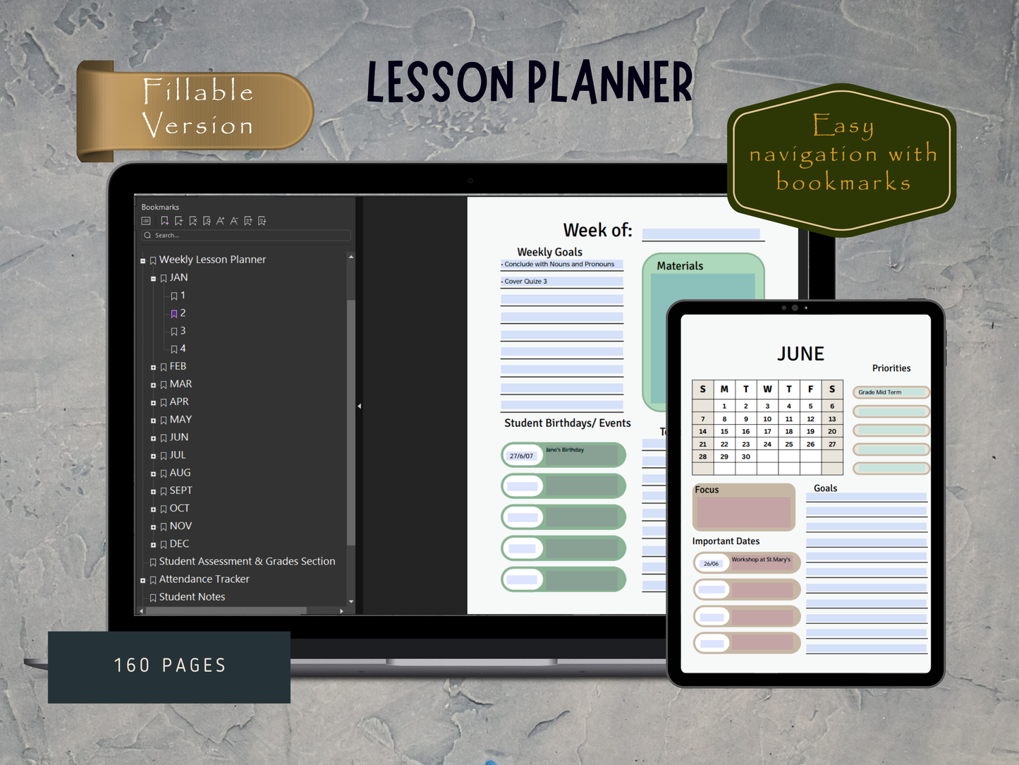 Lesson planner with digital devices on a gray background