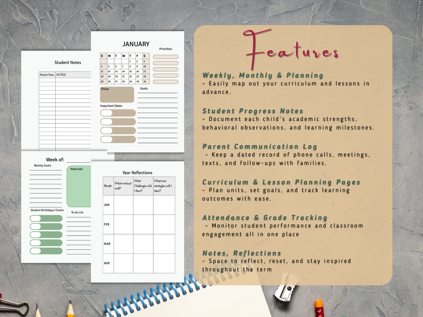 Educational planning sheets with features of the fillable lesson planner on a gray surface