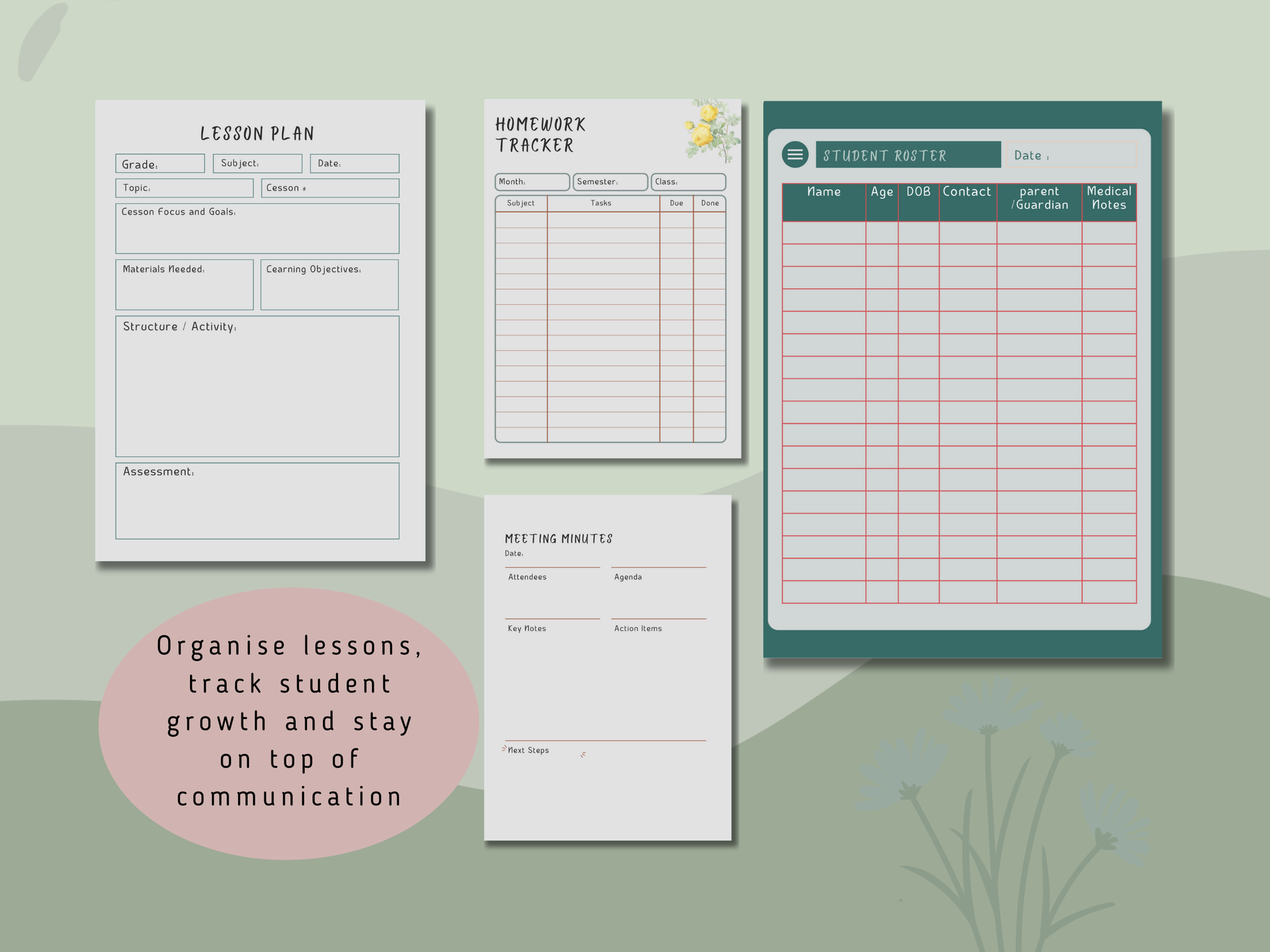 Set of organization tools, including a lesson plan, homework tracker, and student roster,  meeting notes template on a green background.