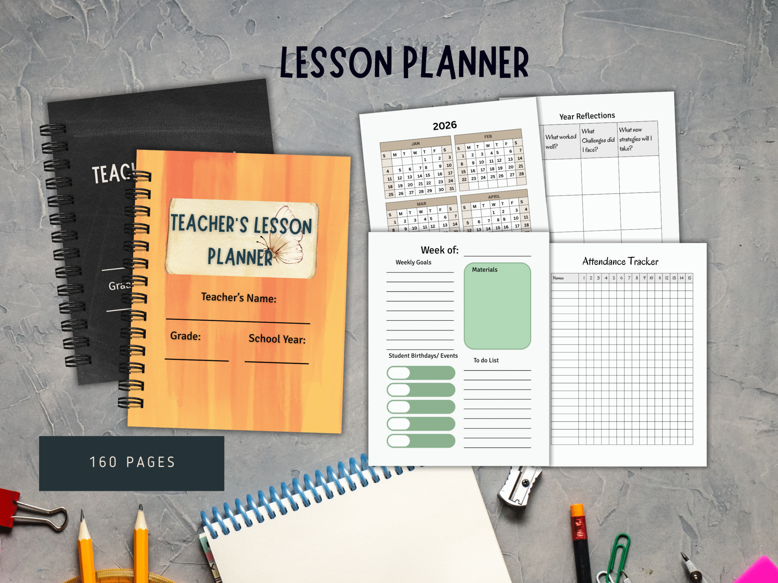Printable Lesson Planner and lesson planner pages on gran background with stationary materials depicting digital tools for teachers available on the store