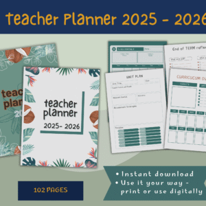 Teacher Planner Cover and Sample pages on light green background