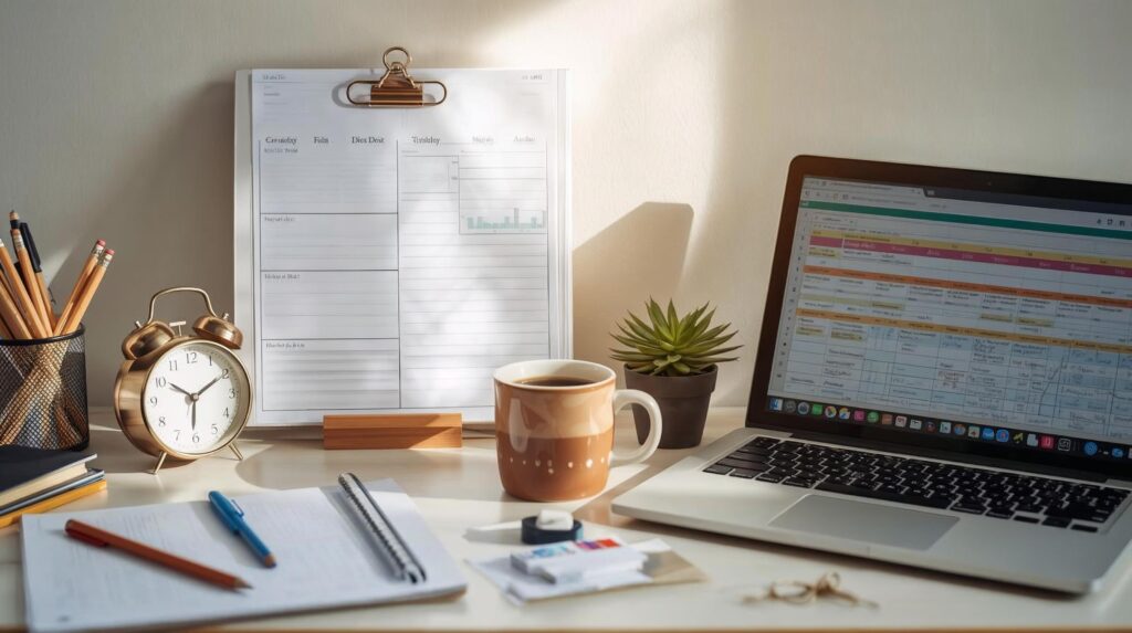 Teacher's work desk with stationary, a coffee mug and a laptop with an open spread sheet