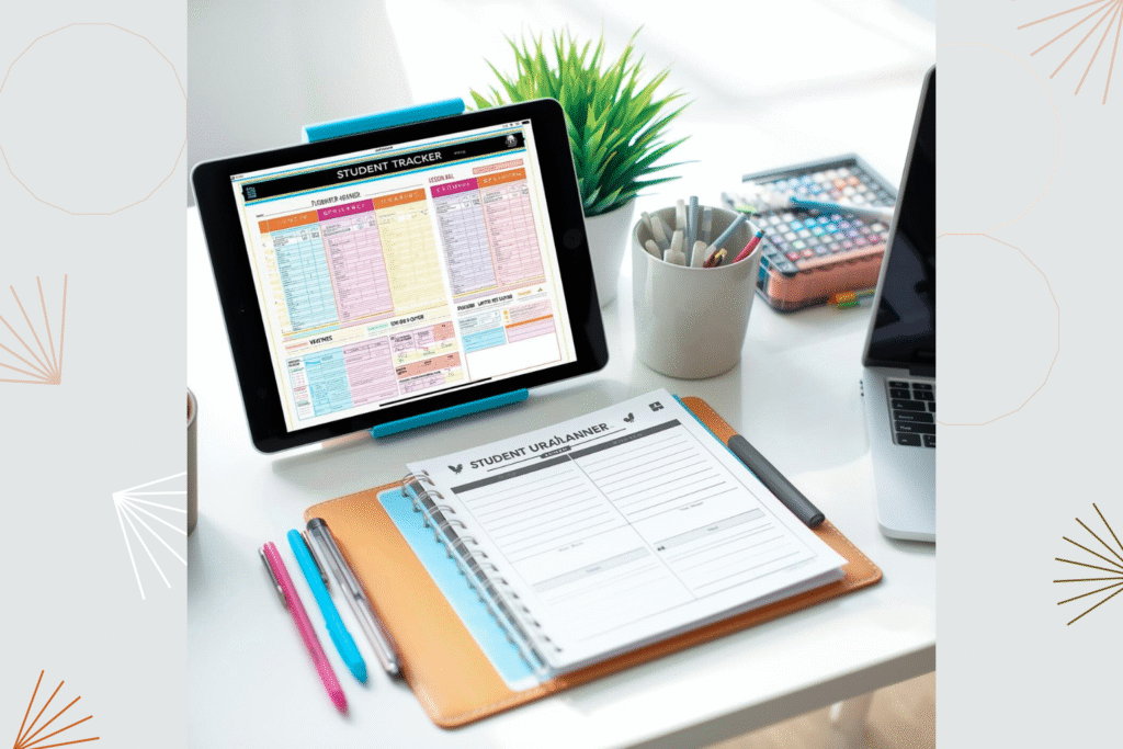 An image of a computer screen with an open spreadsheet on a table with a student planner and other stationary