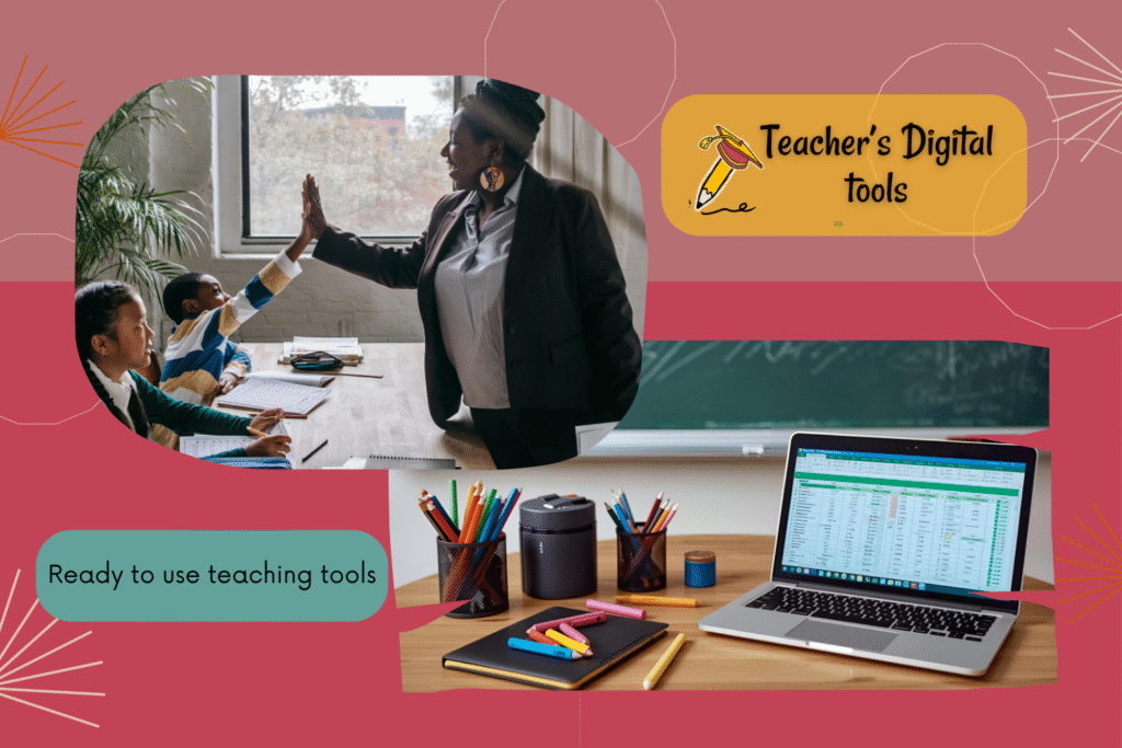 Teacher's digital tools banner showing a teacher interacting with students and a teacher's work desk